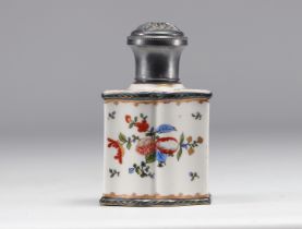 Sanson porcelain tea caddy, floral design, silver stopper