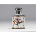 Sanson porcelain tea caddy, floral design, silver stopper
