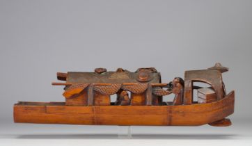 Carved fishing boat with figures and beautiful bamboo patina - China