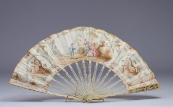 18th century fan, romantic scene, bone frame