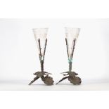 (2) Pair of engraved glass horn vases with bronze feet