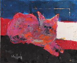 Victor HASCH (1945-2012) Oil on panel "the cat" in grape red on a black background