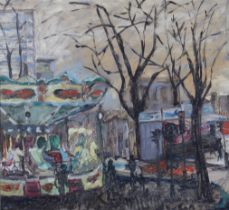 GAYET oil on canvas "merry-go-round in town"
