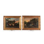 (2) Pair of oils on canvas showing scenes of hens and roosters from the late 19th century