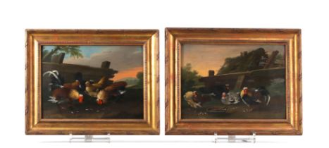 (2) Pair of oils on canvas showing scenes of hens and roosters from the late 19th century