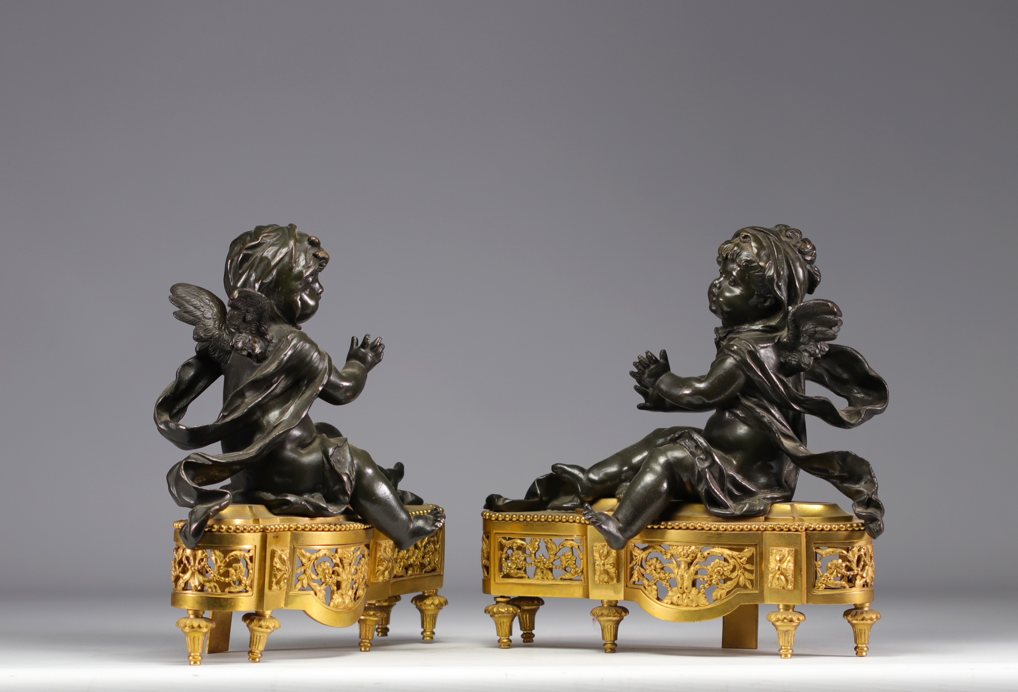 (2) Pair of Louis XV-style bronze andirons with brown patina and putti decoration on a gilded bronze - Image 3 of 3