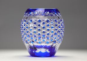 Val Saint Lambert imposing carved ball vase on blue background