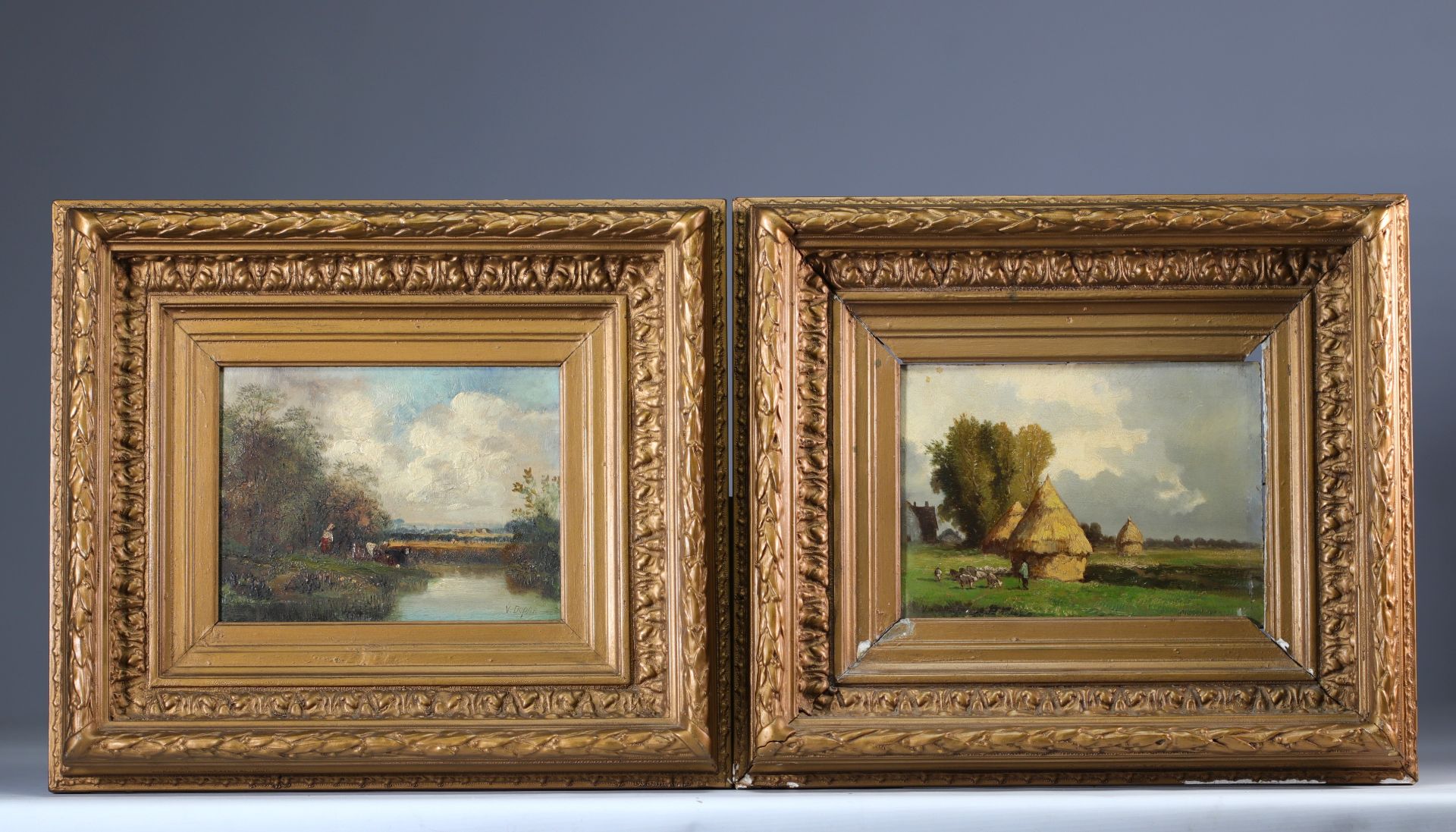 (2) Leon Victor DUPRE (1816-1879) Pair of oil on panel "country view"