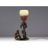 Art Nouveau bronze lamp with young woman and tulip - Schneider