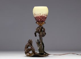 Art Nouveau bronze lamp with young woman and tulip - Schneider