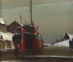 Piet LIPPENS (1890-1981) Oil on canvas boat in a winter landscape
