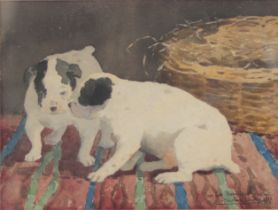Nestor OUTER (1865-1930) aquarelle "jeunes chiens"