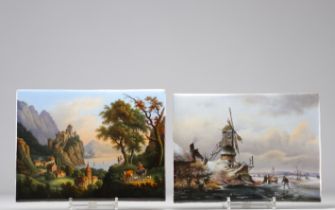 Porcelain plates (2) painted "castle view and Dutch scene" probably Paris school