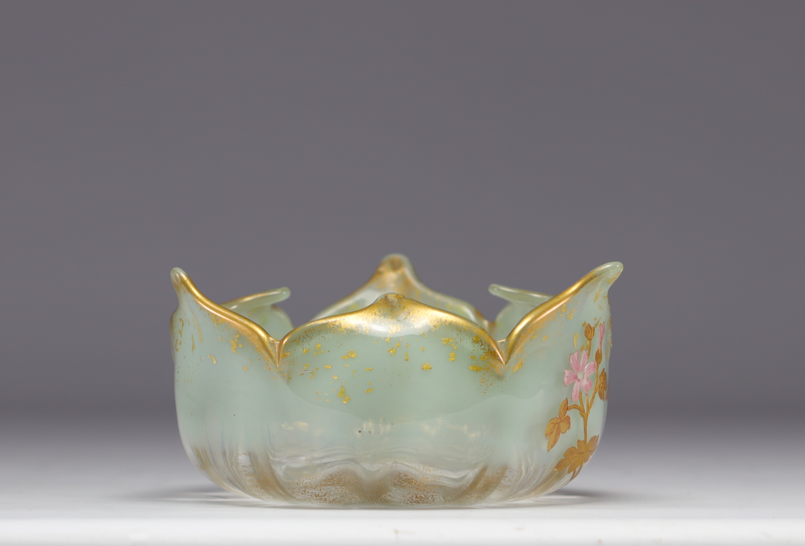 MONTJOIE, enameled three-lobed bowl with yellow and pink floral design on a green water background. - Image 3 of 3