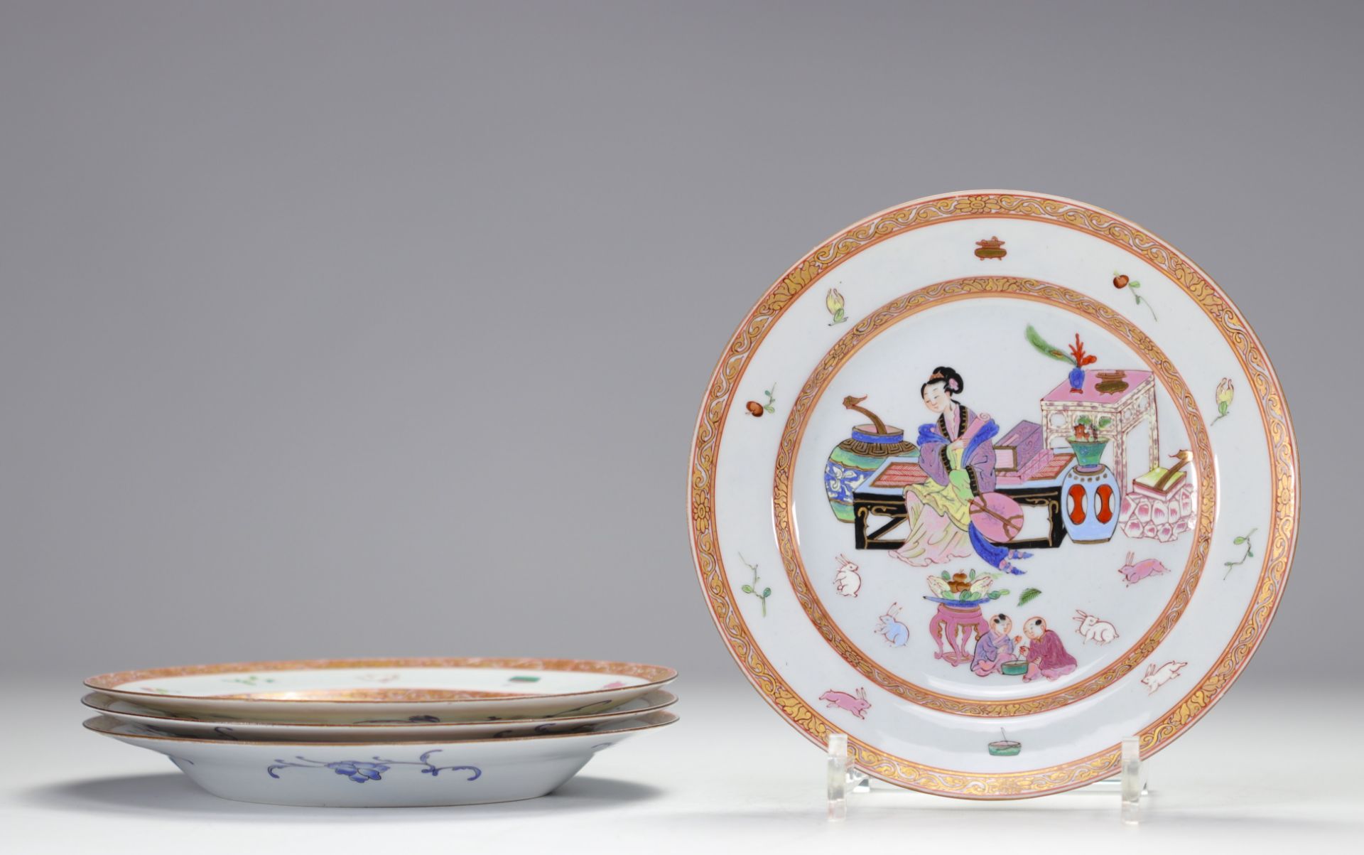 (4) HEREND 1856 four porcelain plates with Asian decoration in the famille rose style