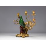 Chinese porcelain and gilt bronze candlestick decorated with a parrot and flowers 19th C