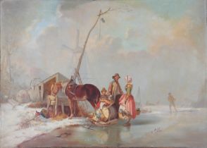 Henri POITEVIN, "Scene de famille sur un lac gele" oil on canvas signed and dated 1865.