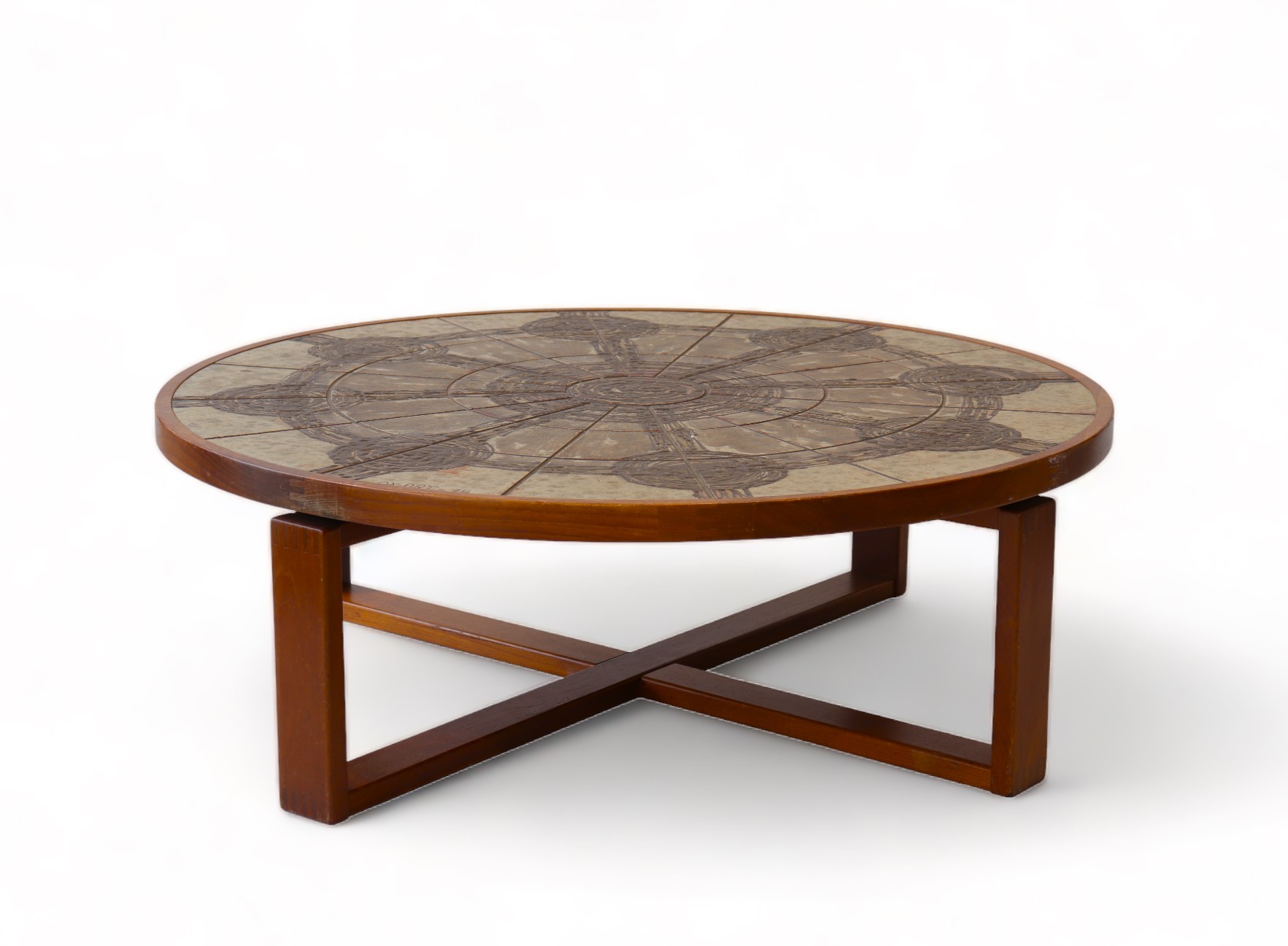 Ox-Art coffee table with wooden base and abstract ceramic plate top decorated with geometric pattern - Image 3 of 3