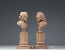 Voltaire and Rousseau Sculpture and bust on fluted columns in terracotta in the style of J. MARIN fr