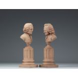Voltaire and Rousseau Sculpture and bust on fluted columns in terracotta in the style of J. MARIN fr