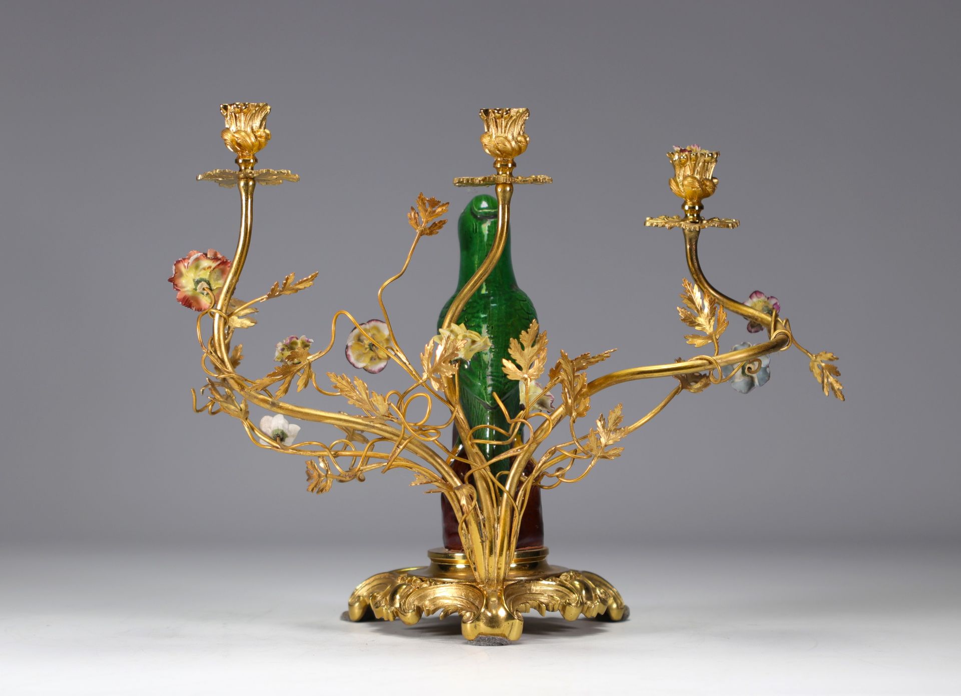Chinese porcelain and gilt bronze candlestick decorated with a parrot and flowers 19th C - Image 3 of 3