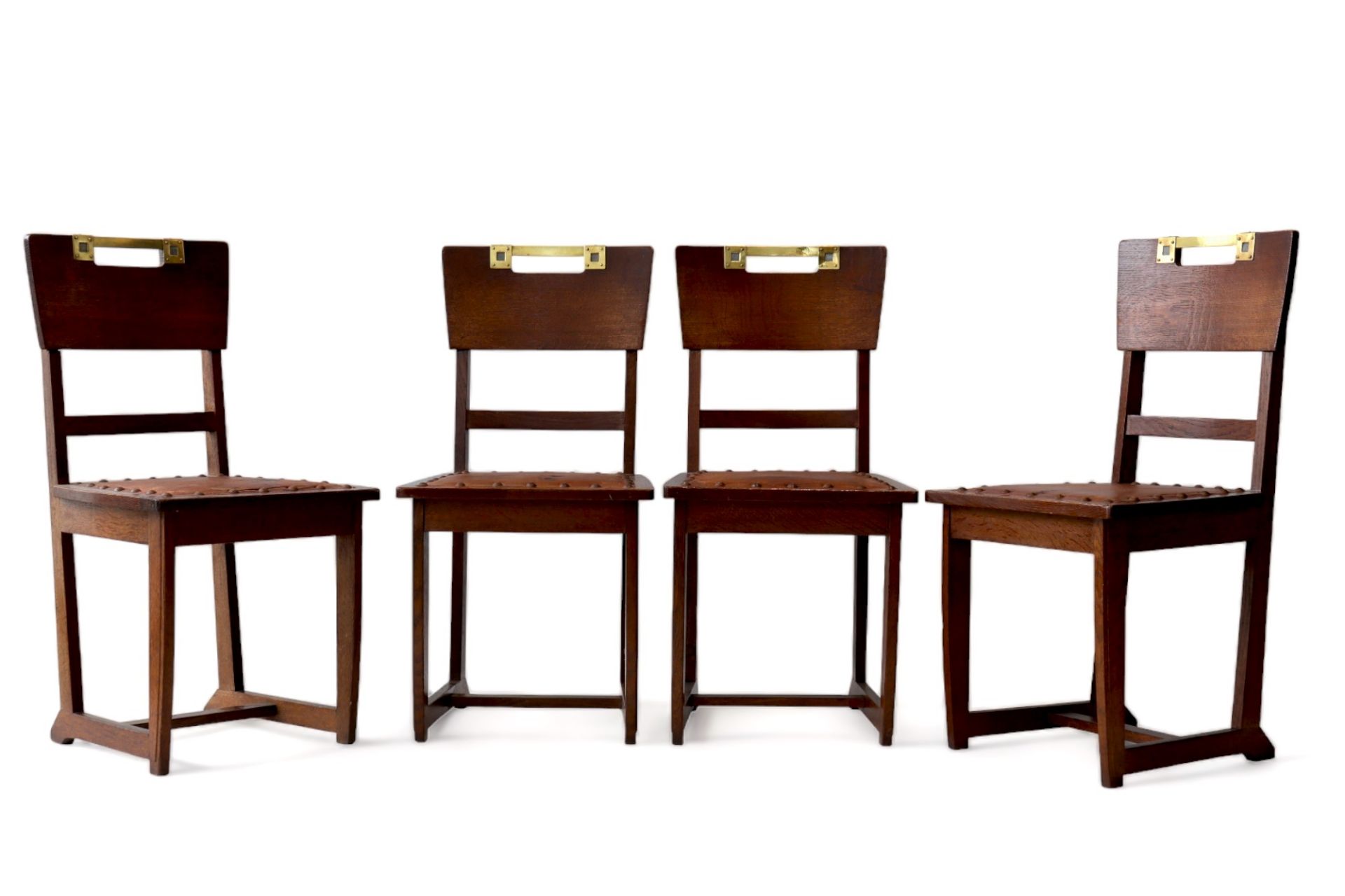 Gustave SERRURIER BOVY (1858-1910) Chairs (4) rare "oak and brass" model