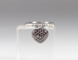 Leo Pizzo ring with heart-shaped pendant in 750 white gold paved with transparent white and brillian