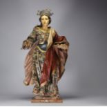 "Sainte Cecile", imposing 18th-century polychrome wood sculpture.