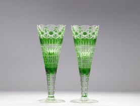 Val Saint Lambert pair of cut horn vases with green lining