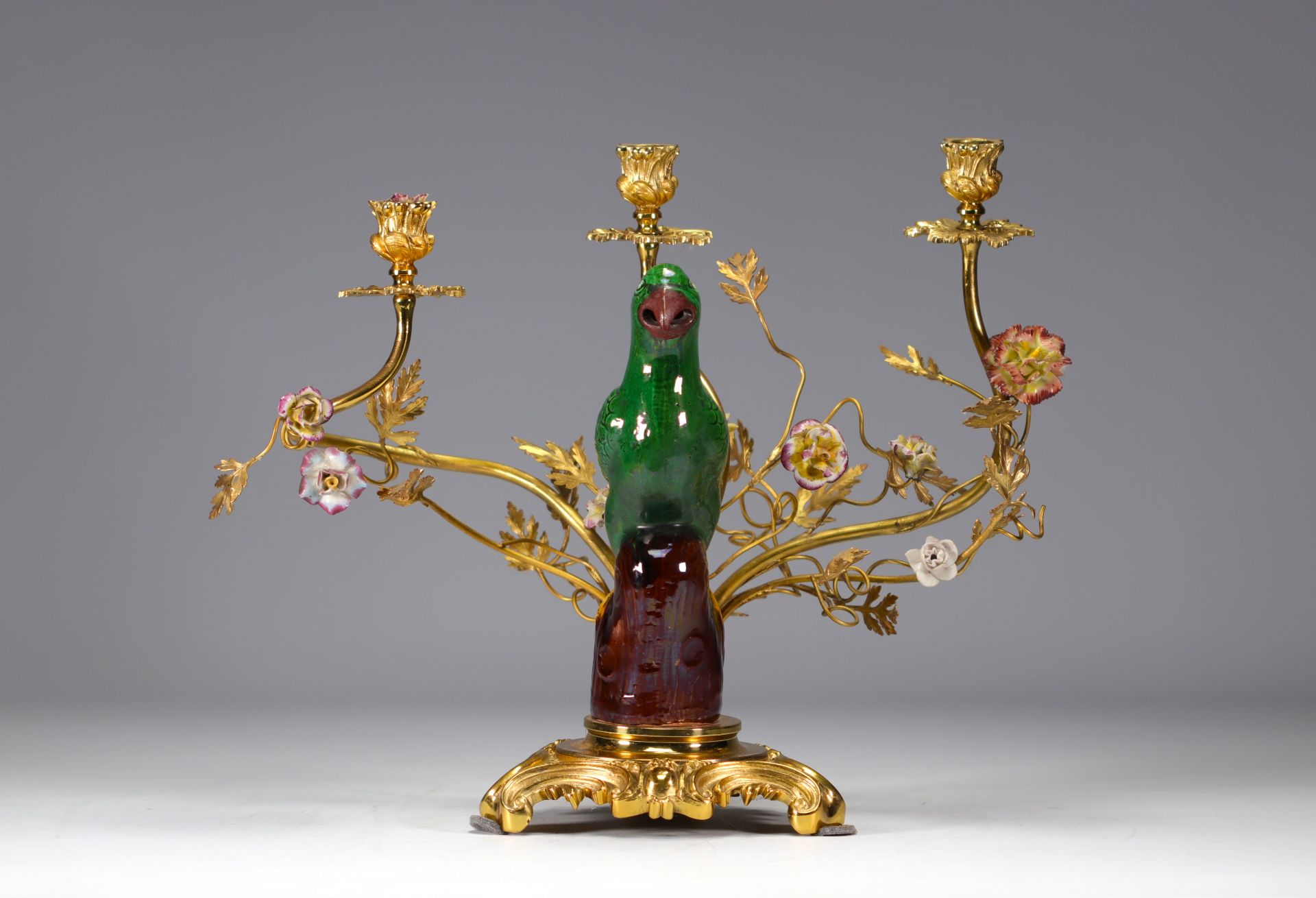 Chinese porcelain and gilt bronze candlestick decorated with a parrot and flowers 19th C - Image 2 of 3