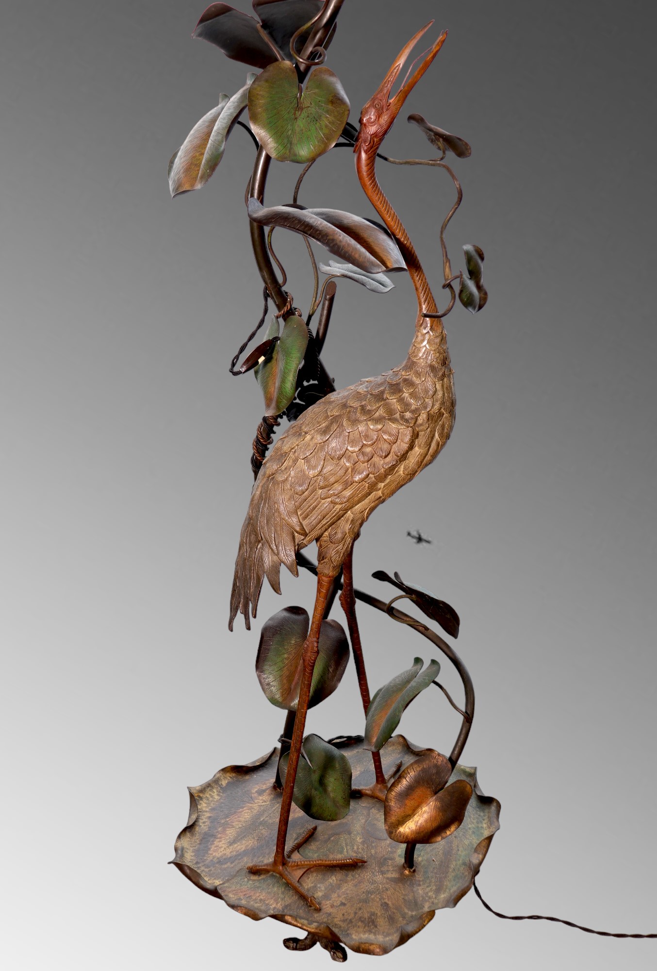 Imposing "Crane and reeds" bronze and polychrome metal floor lamp circa 1900. - Image 3 of 3