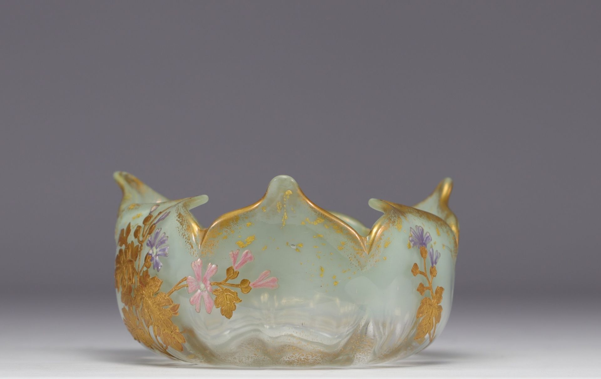 MONTJOIE, enameled three-lobed bowl with yellow and pink floral design on a green water background. - Image 2 of 3