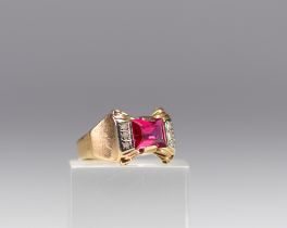 Yellow gold, garnet and diamond ring. WEIGHT 5.8 GR