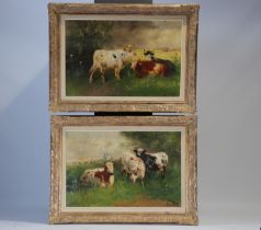 Paul SCHOUTEN (1860-1922) pair of oils "Cows in the Meadow