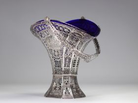 Imposing Louis XVI-style solid silver basket with blue glassware