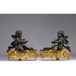 (2) Pair of Louis XV-style bronze andirons with brown patina and putti decoration on a gilded bronze