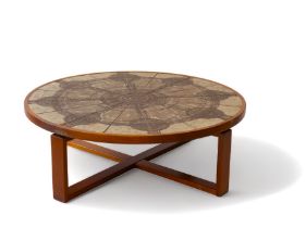 Ox-Art coffee table with wooden base and abstract ceramic plate top decorated with geometric pattern