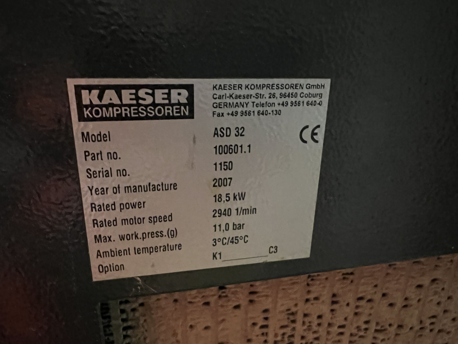 HPC Kaeser ASD32 packaged air compressor with Sigma control, maximum working pressure 11 bar, with - Image 5 of 6