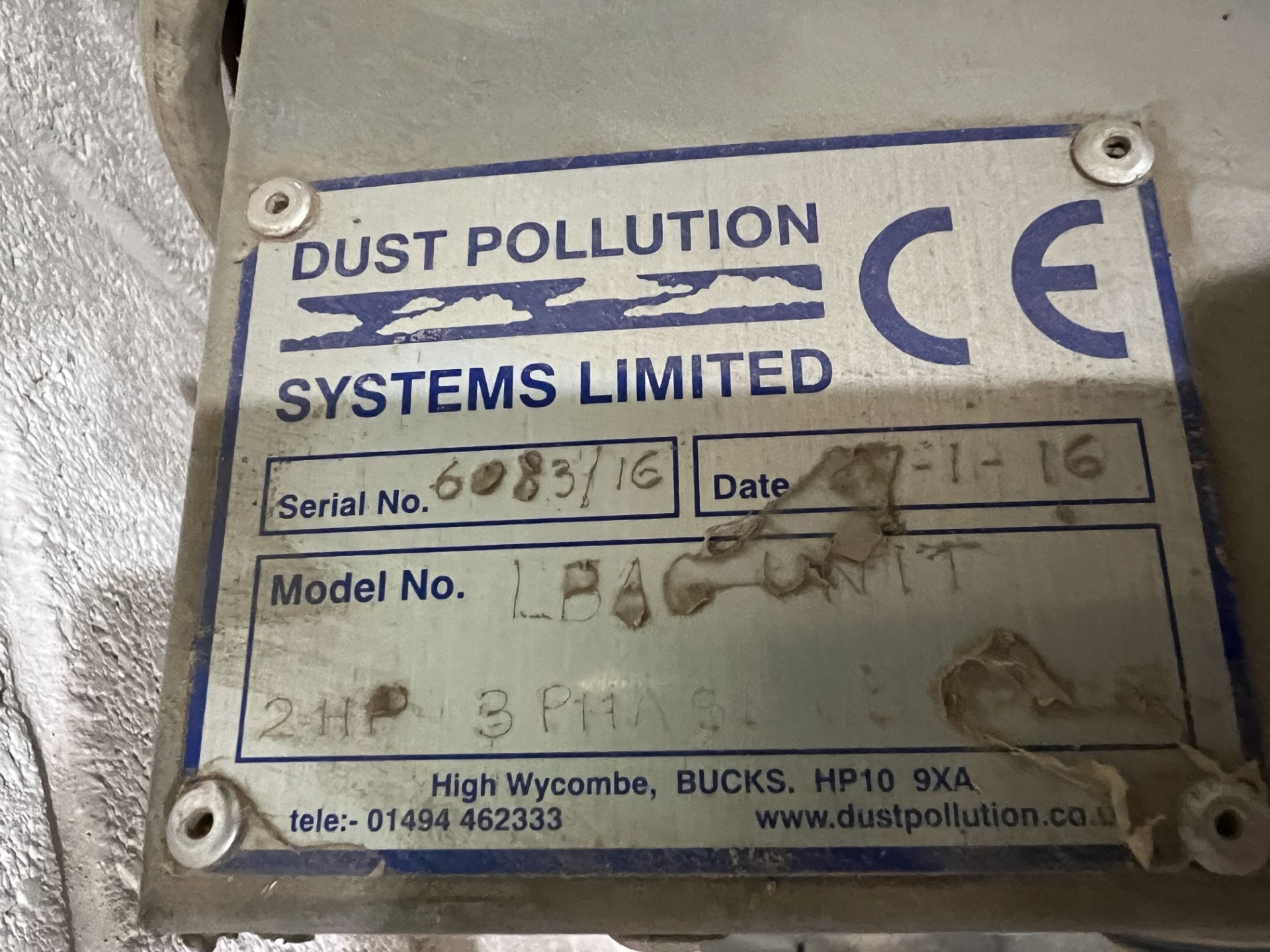 Dust Pollution Systems Lbag Single bag dust collection unit, 400 volts 3 Ph., S/No.6083/16, DOM - Image 2 of 3