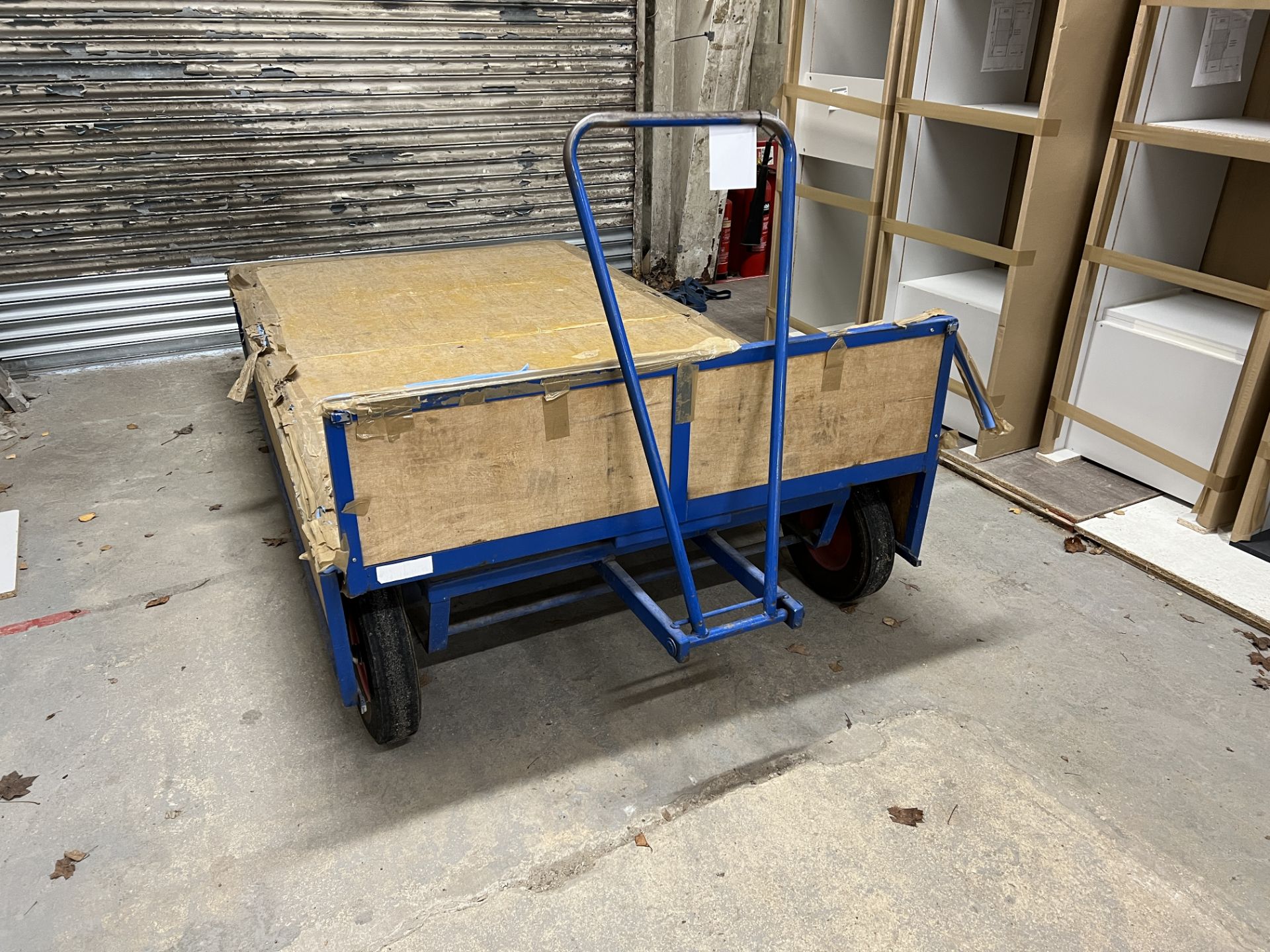 Mobile drop side flat bed pedestrian flatbed warehouse trolley, 2.5m (L) x 1.3M (W) x .52M(H), - Image 2 of 3