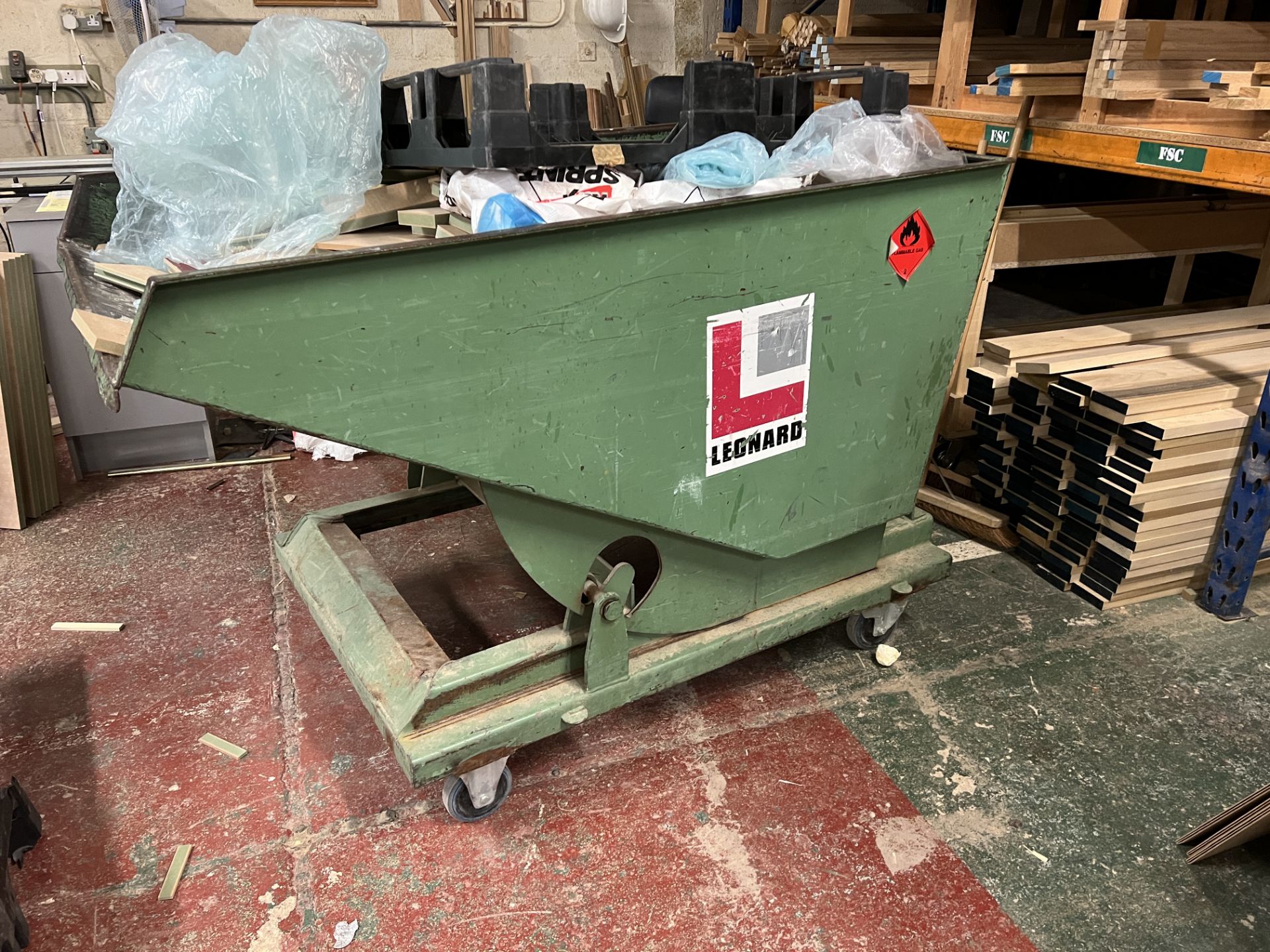 Leonard fork truck tipping skip, 1500mm x 1000mm, 2500Kg capacity, location Manor Building