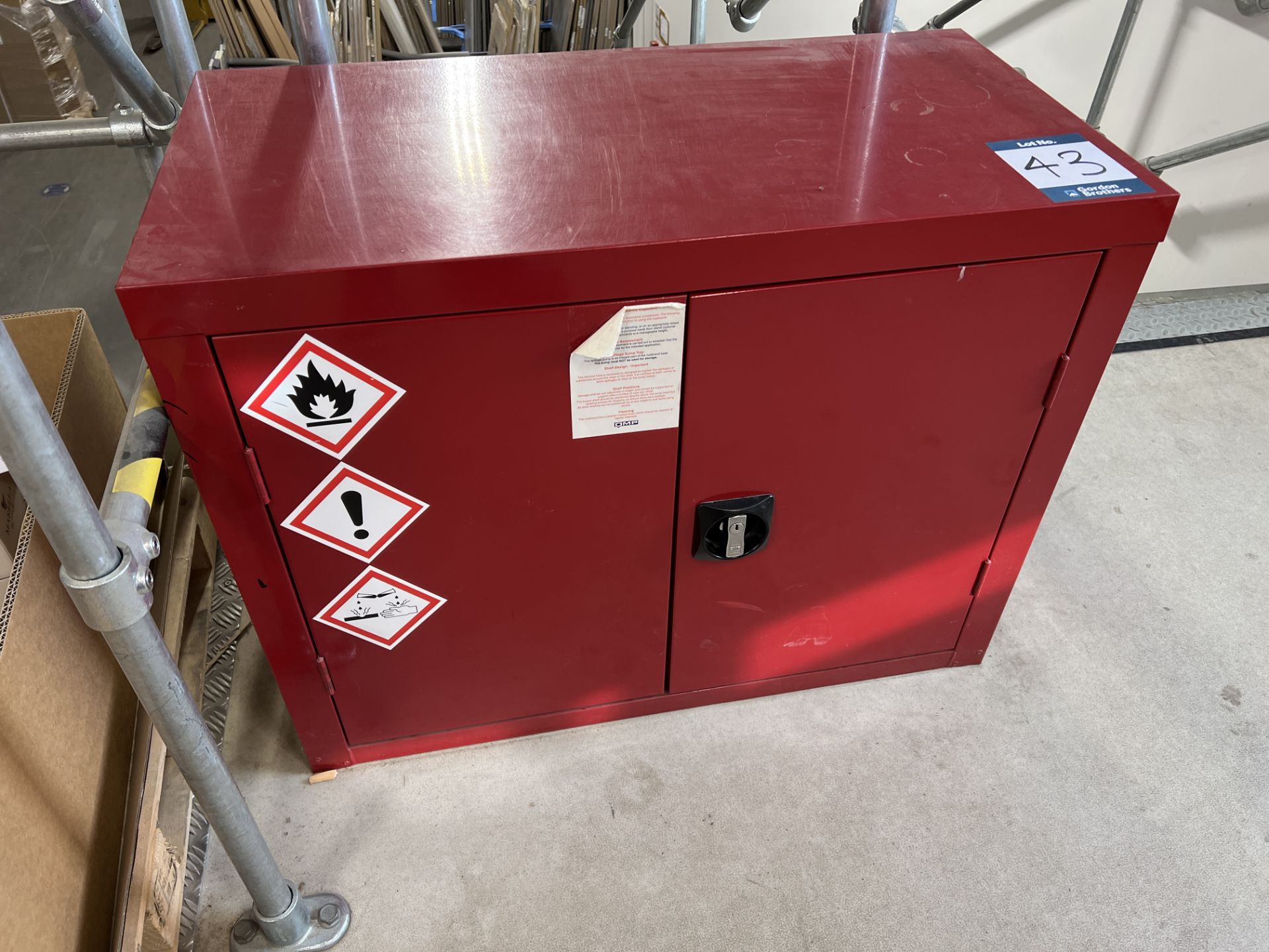QMP Steel double door red hazardous substance storage cupboard size 900mm 9W) x 450mm (D) x 700mm (