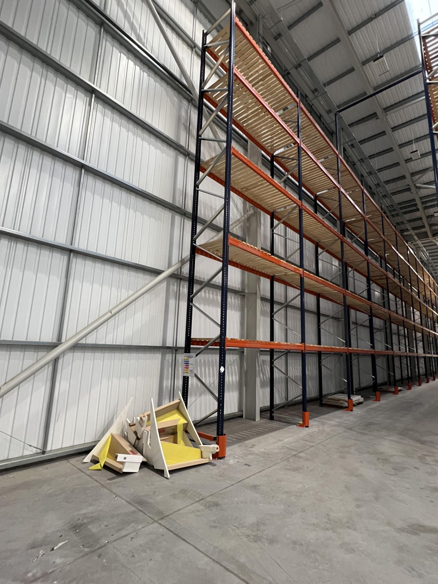Mecalux M-22P high bay boltless pallet racking (2021), a 53 metre single run with 16 bays, to