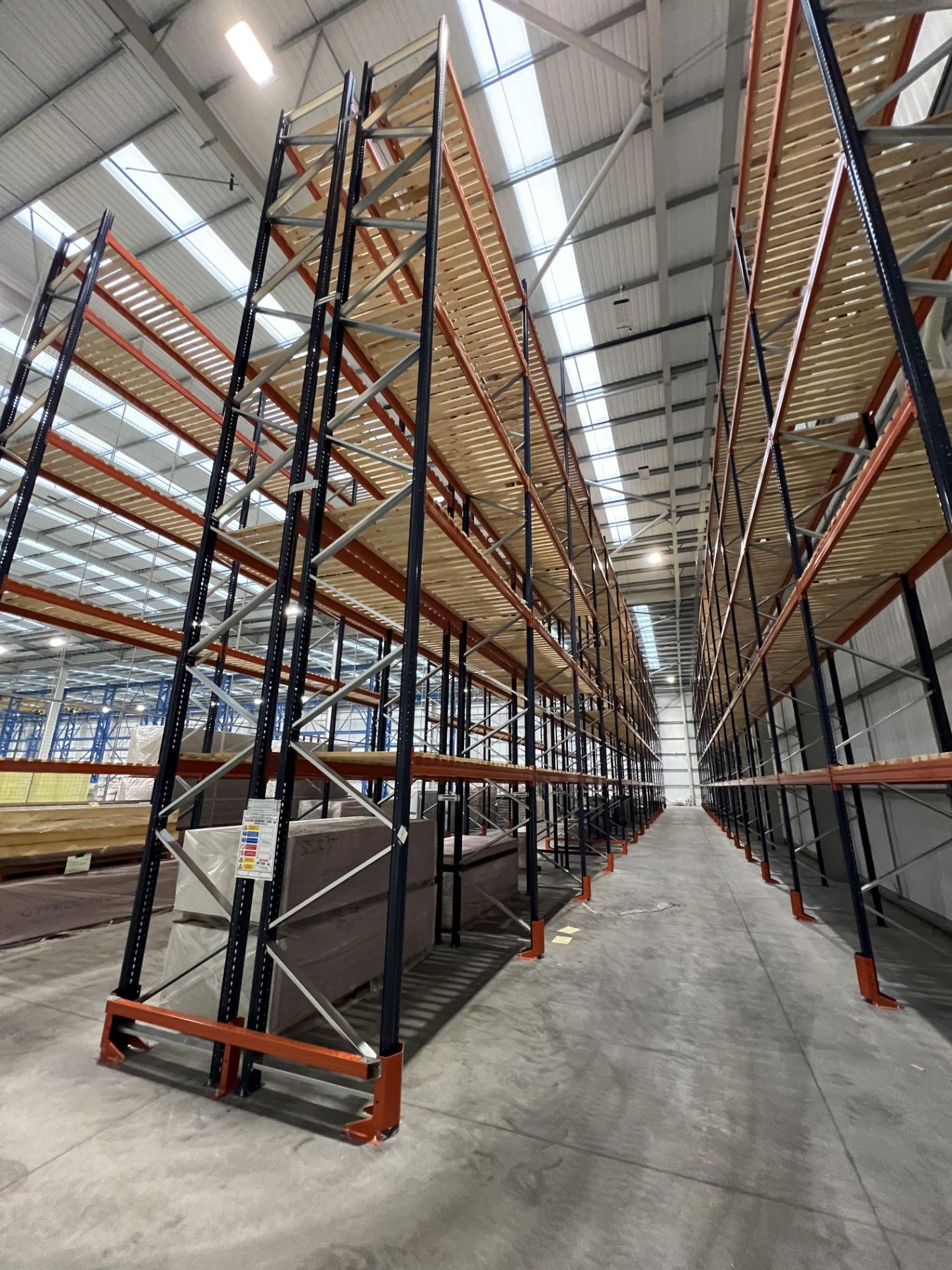 Mecalux M-22P high bay boltless pallet racking (2021), consisting of two back to back 49.7 metre