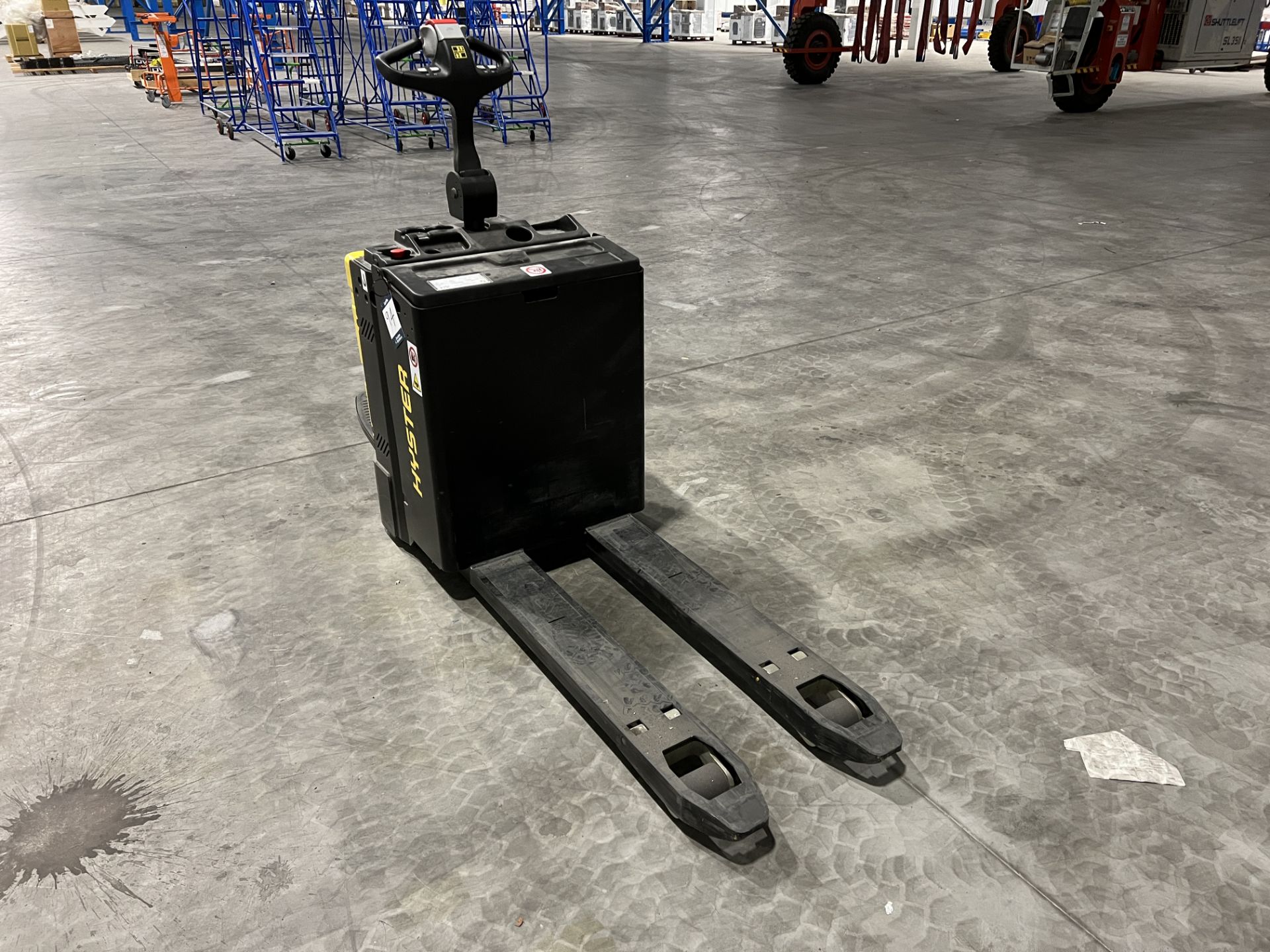 Hyster P2.0SE battery electric ride on low lift pallet truck, S/No. B978T02859V (2021), hours: 9.