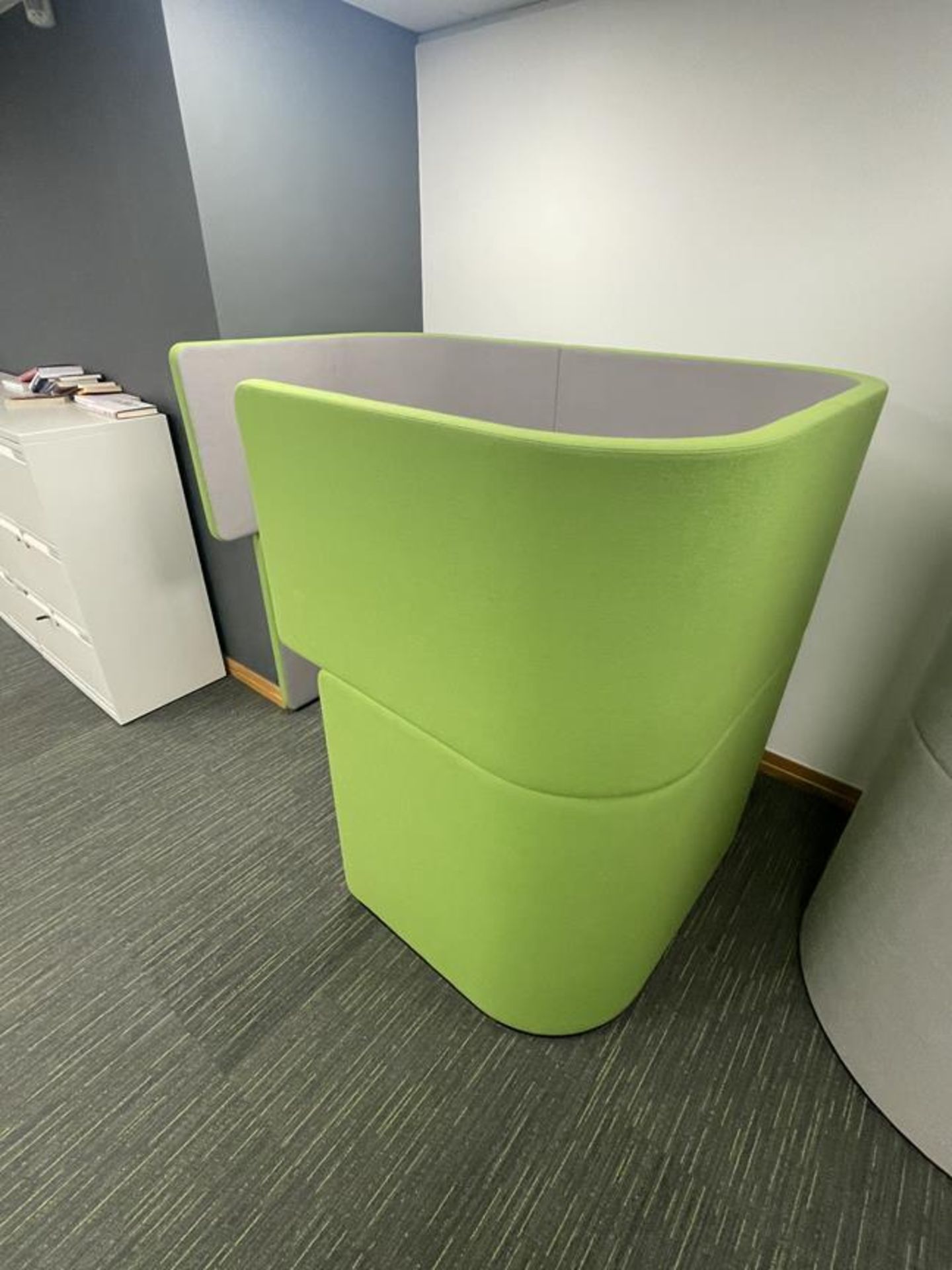 Bene Green/Grey Upholstered Privacy Desk Pod with Swivel Chair, Lamp and Desk Power (GB REF#134) - Image 2 of 3