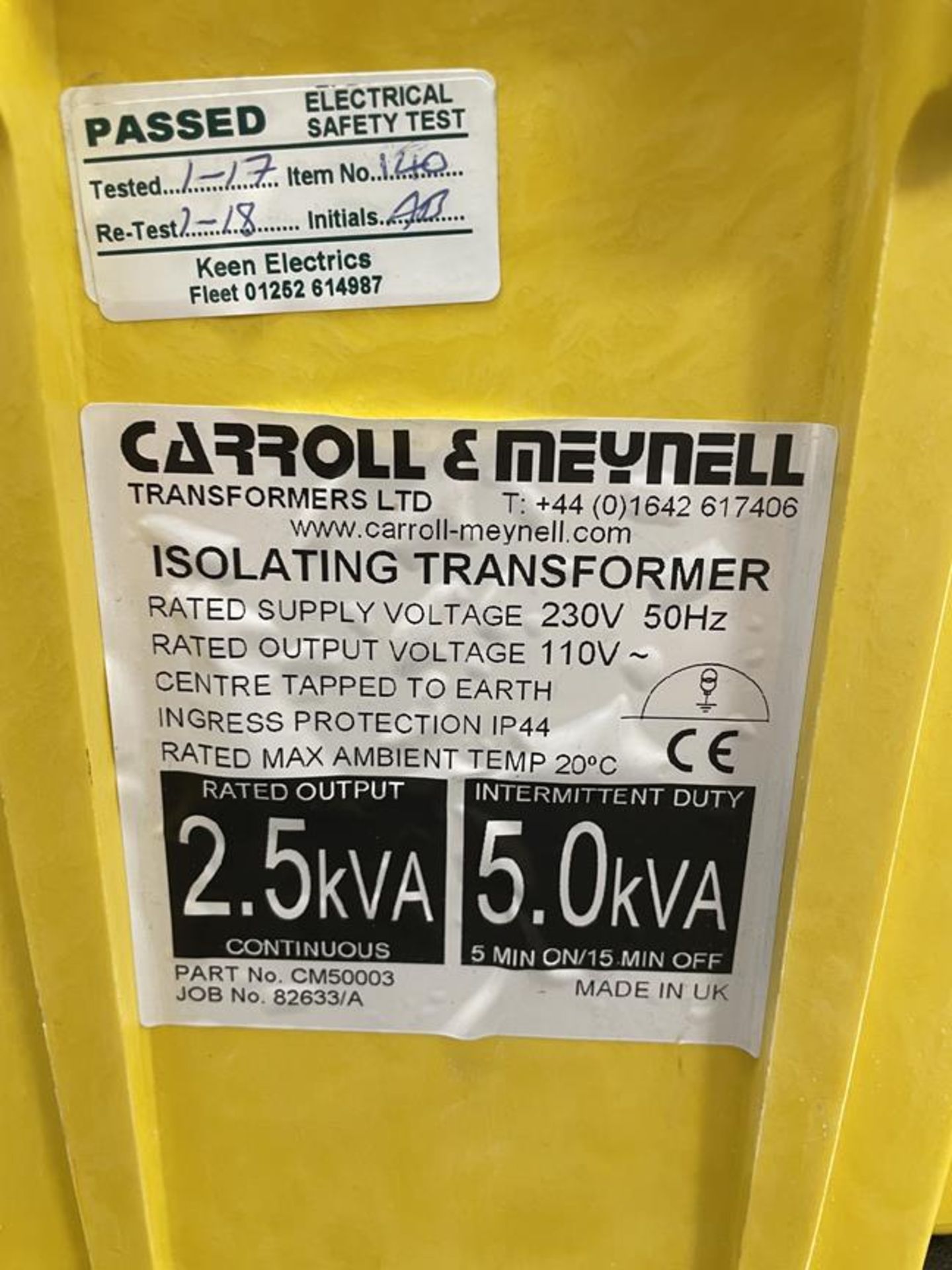Carroll & Meynell 2.5KVA Isolating Transformer, 230V Supply to 110V Output. (GB REF#219) - Bild 2 aus 2