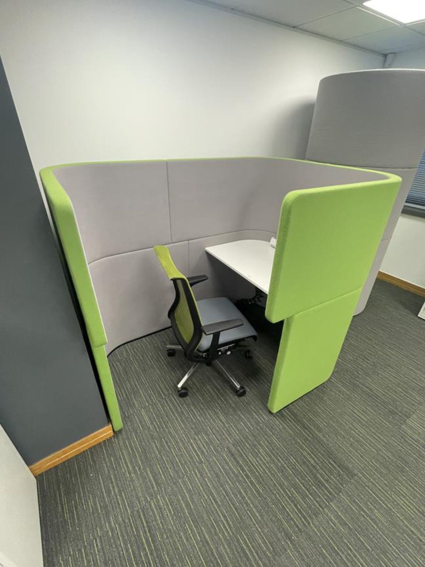 Bene Green/Grey Upholstered Privacy Desk Pod with Swivel Chair, Lamp and Desk Power (GB REF#134)