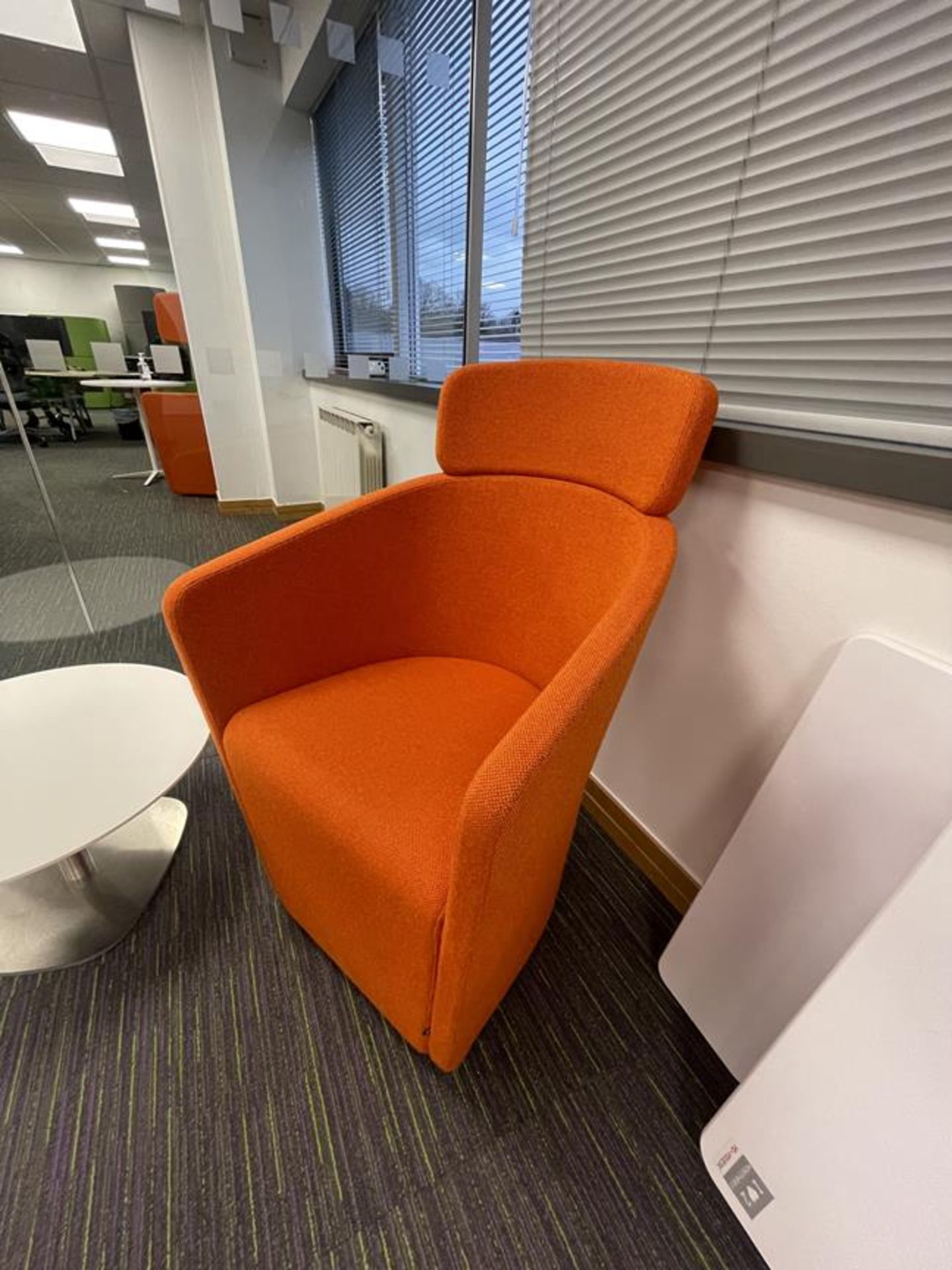 Bene Orange Upholstered Tub Chair with Low White Pedestatal Side Table and Mobile Whiteboard (GB - Image 2 of 2