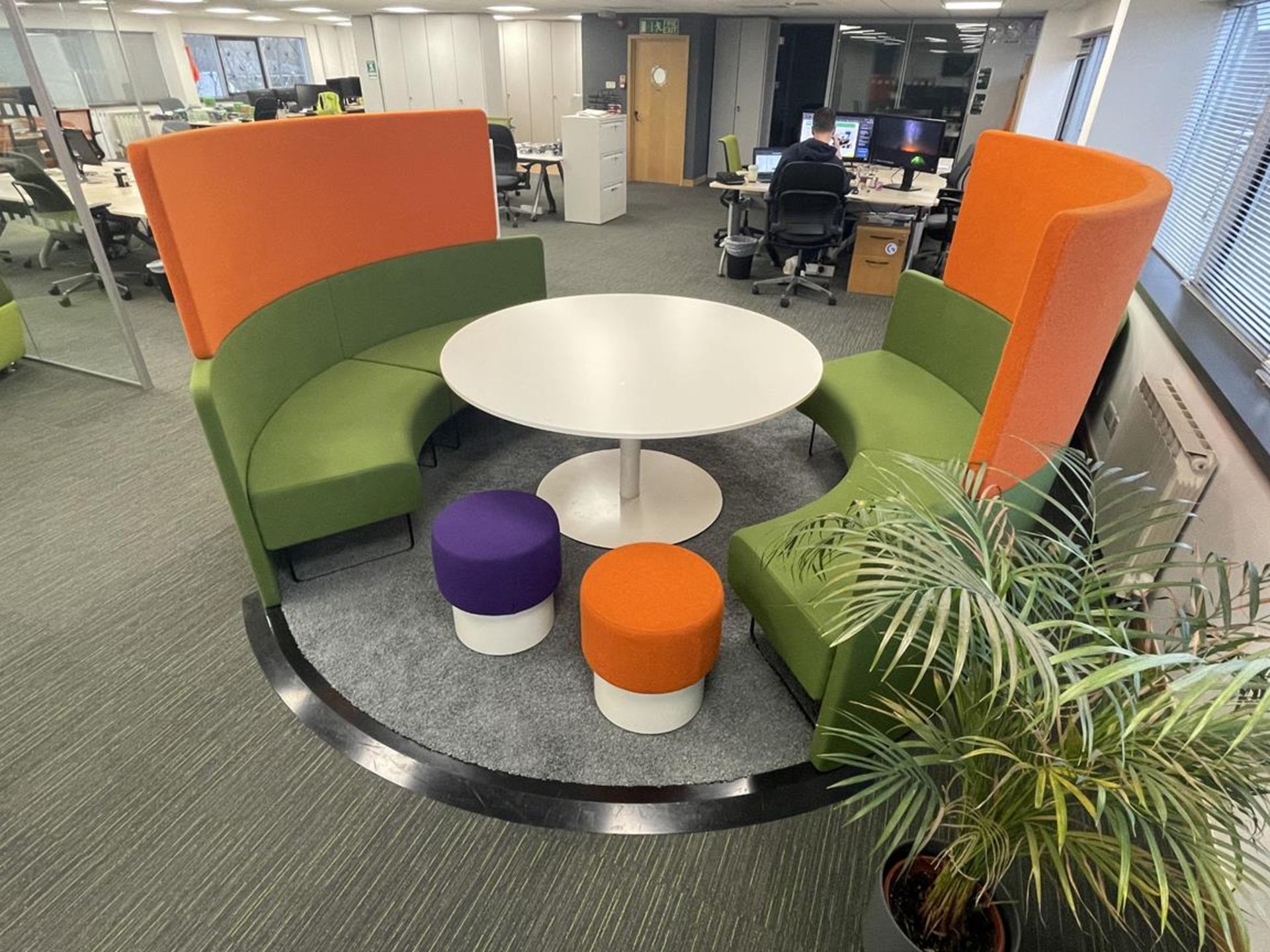 Large Circular Upholstered Bene Bench Seating Arrangment with 4x Stools and Large White Pedestal